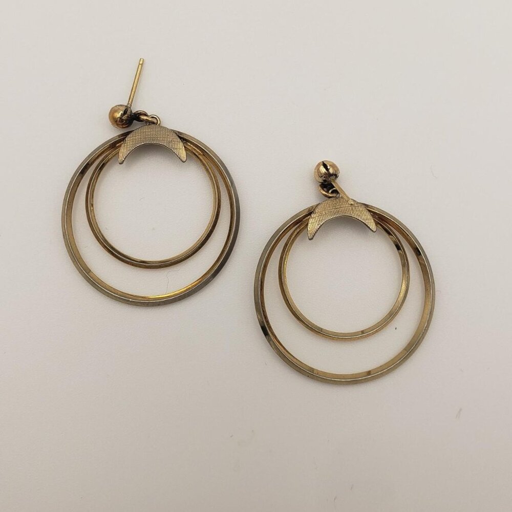 Vintage Gold Toned Double Hoop Posts with Moon Celestial Detail 90s Costume